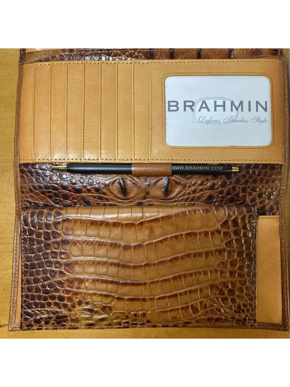 Brahmin Leather Tri-Fold Envelope Wallet Crocodile Brown Snap Zipper Checkbook